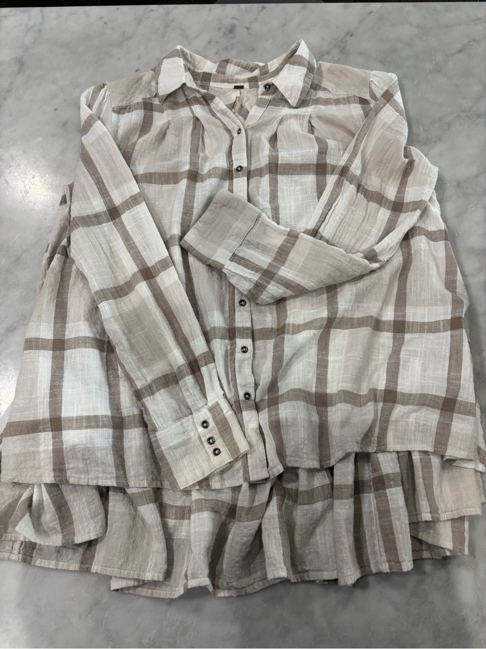 Free People Beige and Cream Plaid Button-Front Tunic